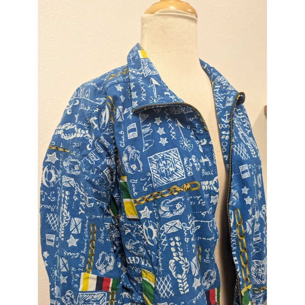 Vintage Lizsport 90s Y2k Blue Nautical Coastal Print Bomber Jacket sz M Retro - Picture 3 of 13